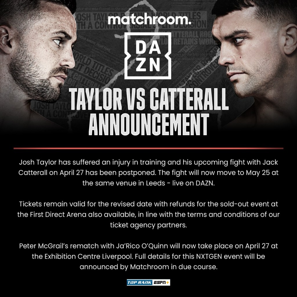TAYLOR VS. CATTERALL 2 FIGHT&nbsp;ANNOUNCEMENT